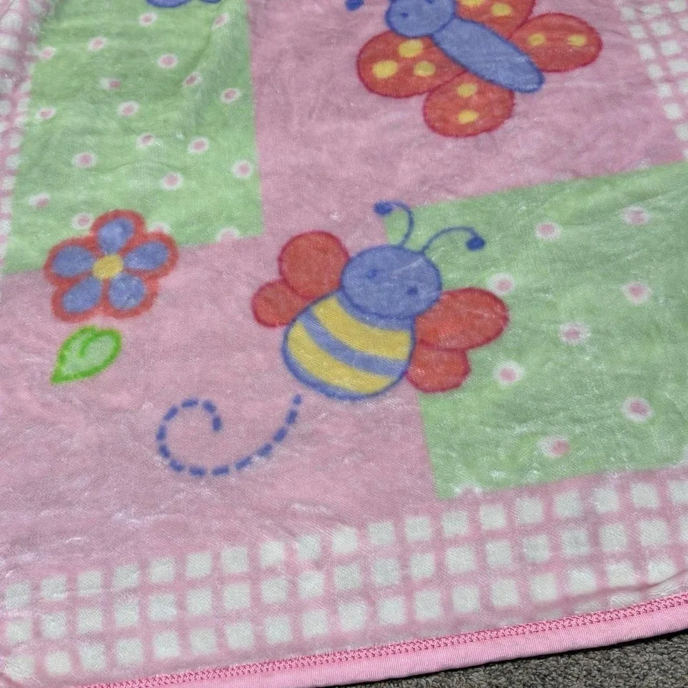 Vintage Baby Girl Plush Blanket Pink Green Butterfly Bee Floral Y2K Nursery
